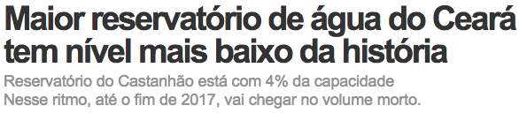 Manchete mostrando baixo nível de reservatório no Ceará.